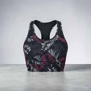 Fabletics Black and Deep Berry Leaf-Print Racerback Sports Bra